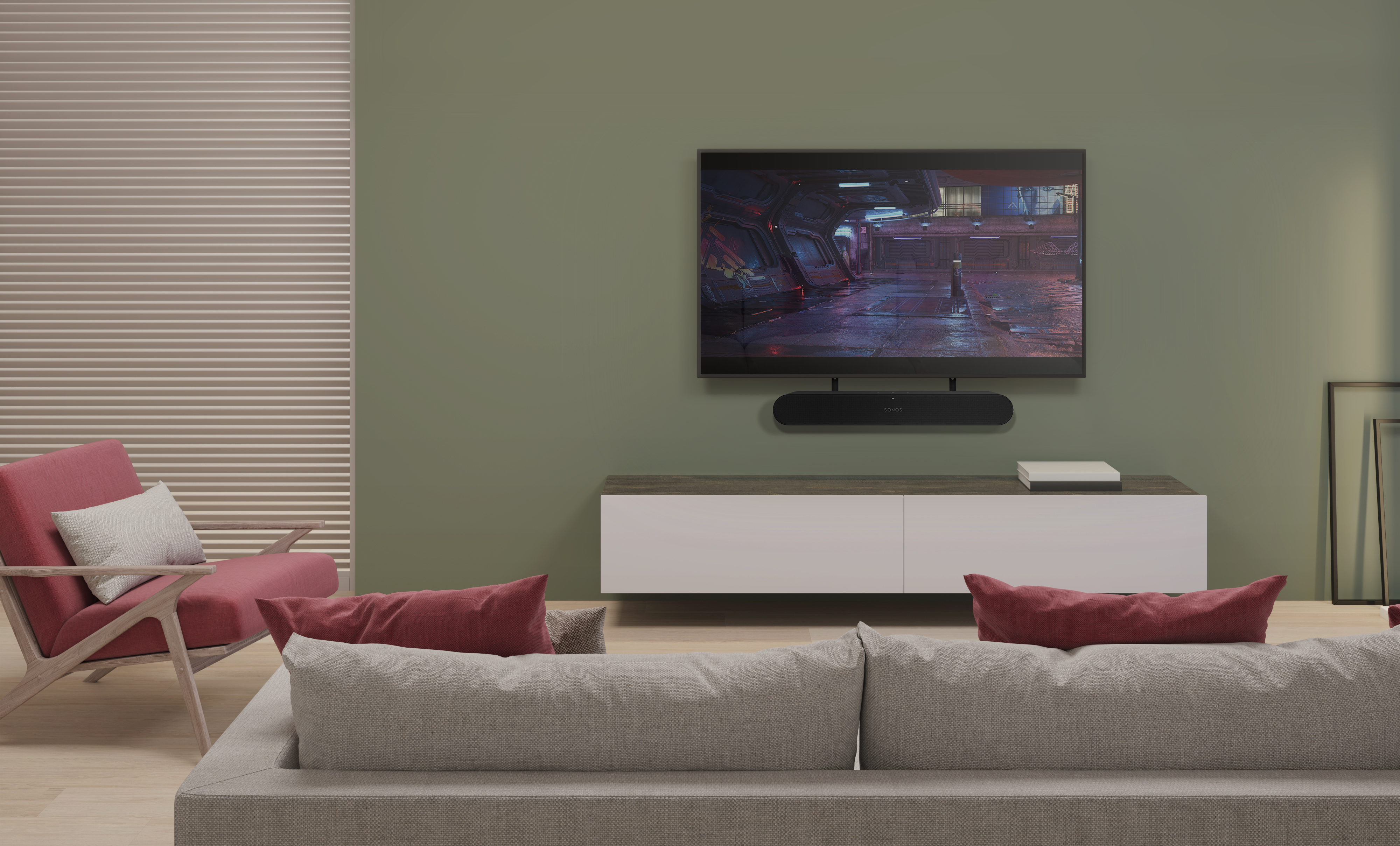 Wohnzimmer mit TV und Sonos Ray an TV-Halterung
